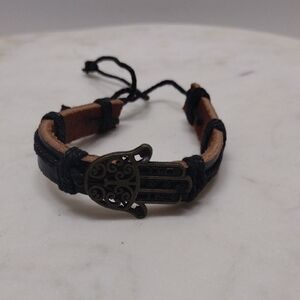Bronze Hamsa Hand Charm Black Leather Adjustable Bracelet #BA-17